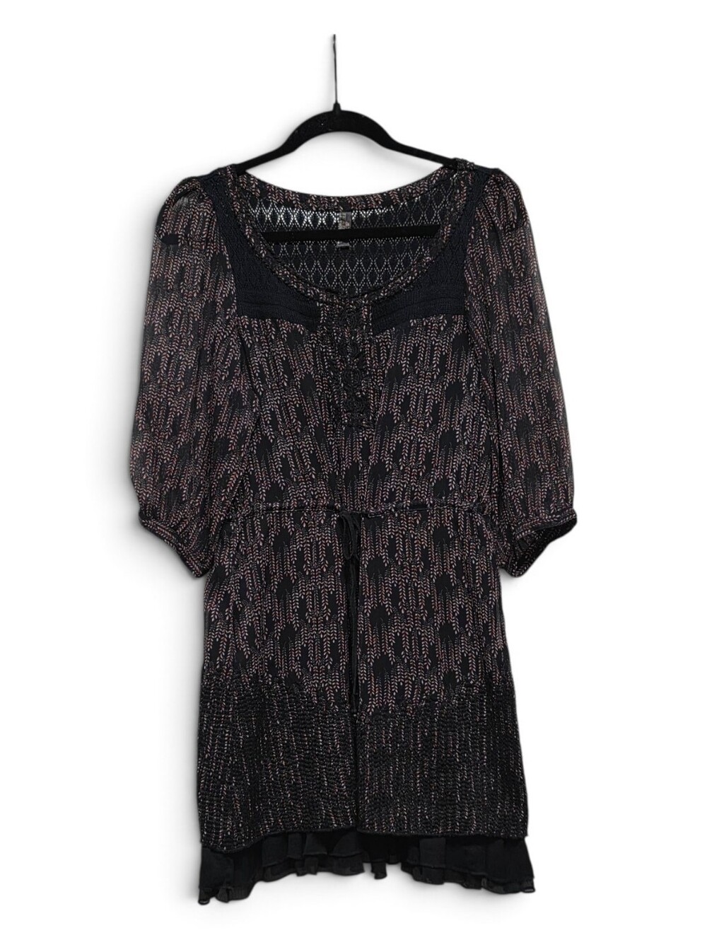 Free People Black Print Lace Yoke Puff Sleeve Tunic Dress, Medium